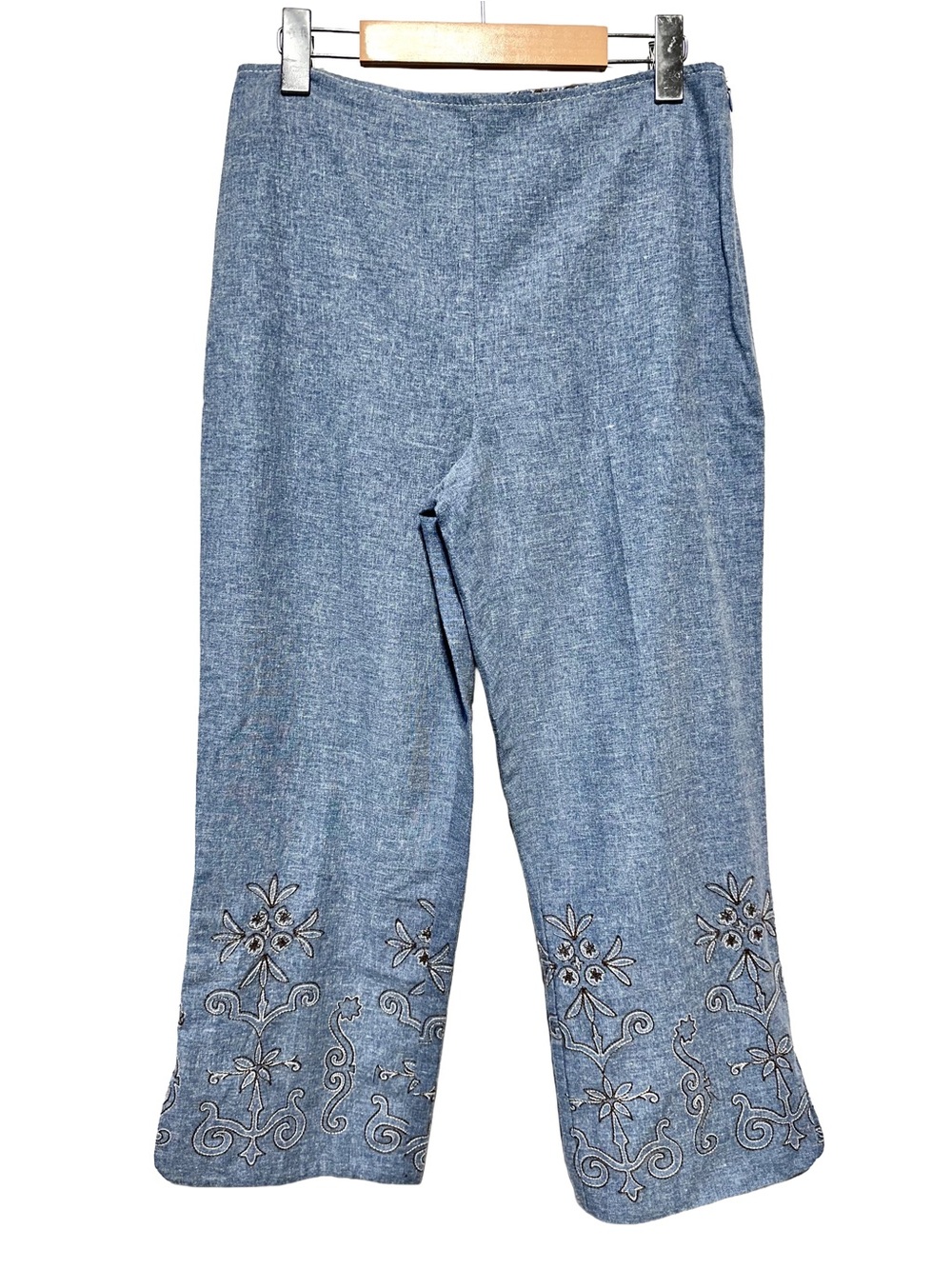 Touche Embroidered Crop Pants Blue Stretch Cotton Side Zip Women’s 8 Canada